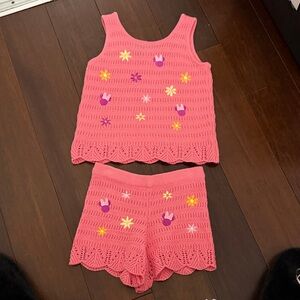 Disney Pink Crocheted Tank & Shorts Set with Floral Appliqués